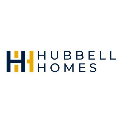 the hubbell homes logo is blue and yellow on a white background .