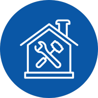 Icon of a house with a wrench and hammer inside of it.