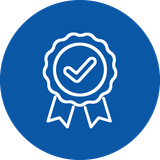 icon of a blue circle with a white ribbon and a check mark inside of it .