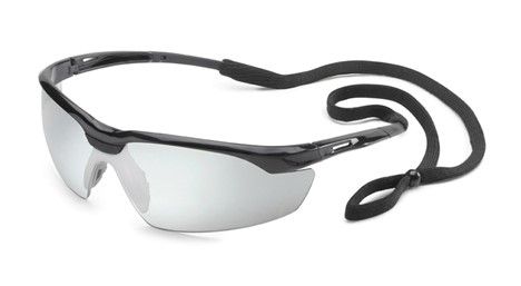 A pair of safety glasses with a black strap on a white background.