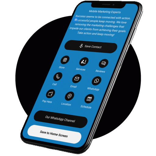 A smartphone displaying a blue digital business card interface with contact buttons, set against a dark circular background.
