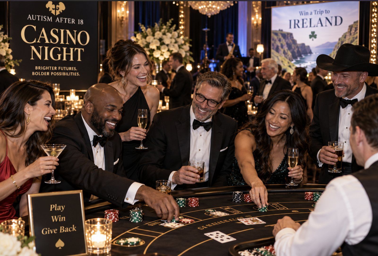 Guests in black tie playing blackjack, laughing and toasting at the Autism After 18 Casino Night, with a Win a Trip to Ireland banner behind the table