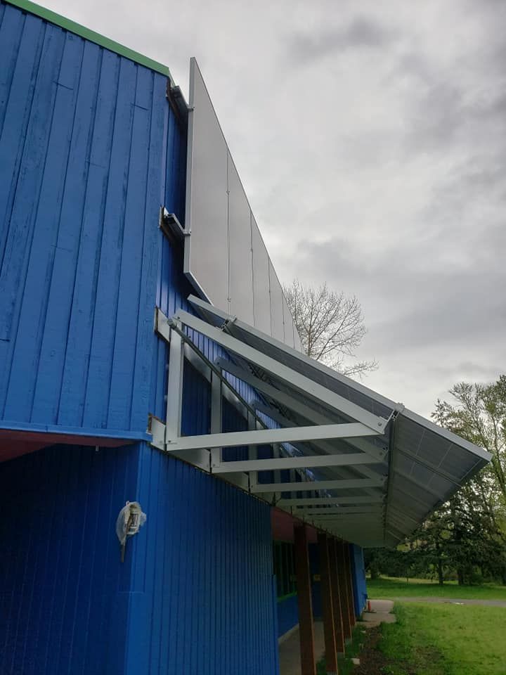 a blue building