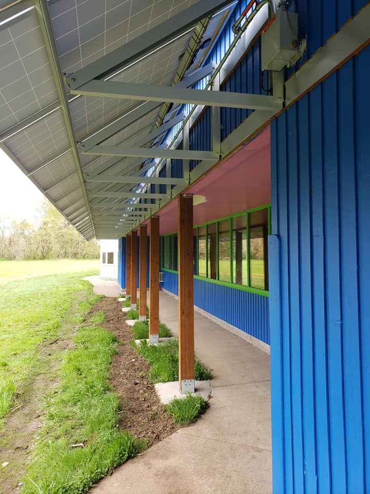 a blue building