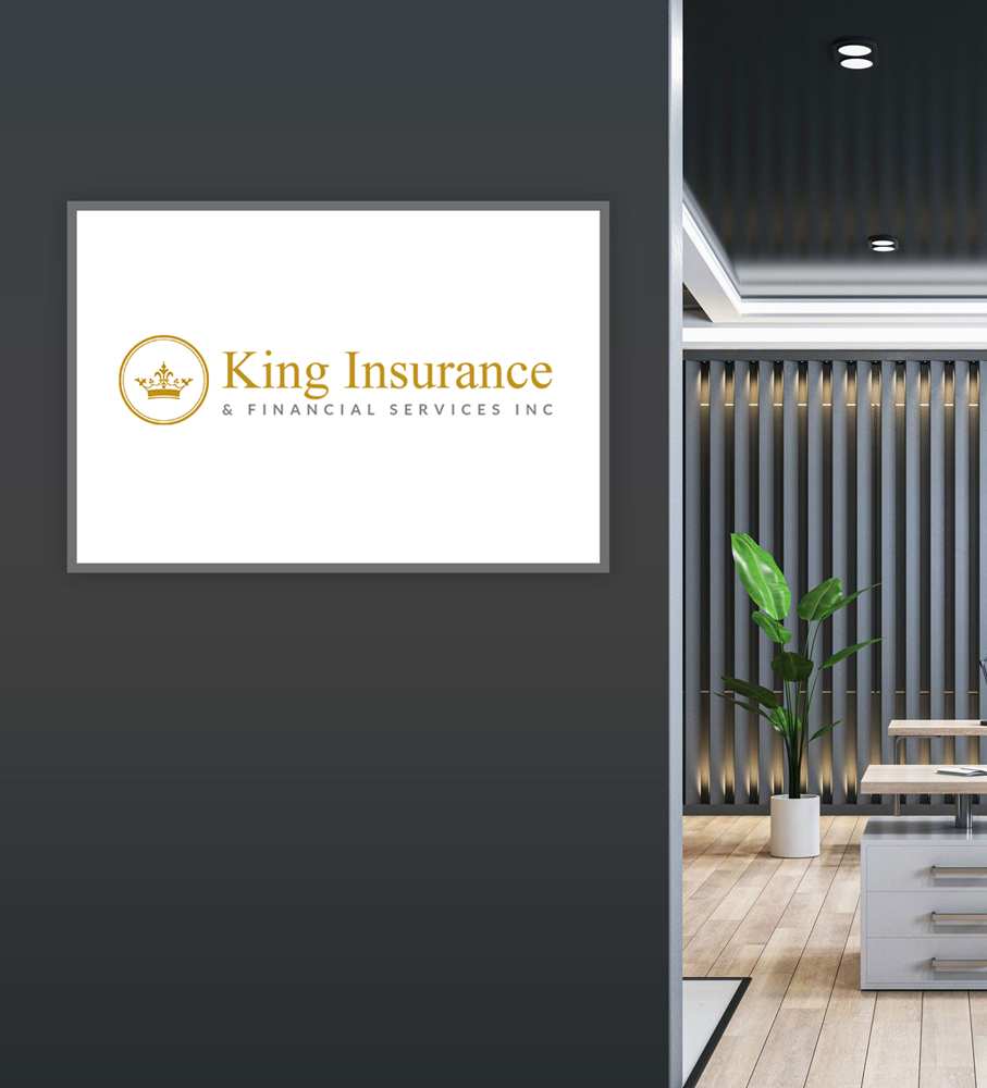 King Insurance logo on a wall sign in a modern office interior