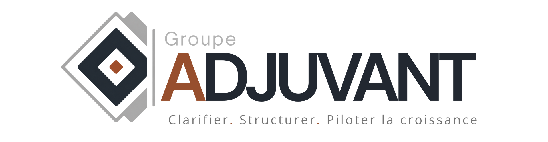 Logo du Groupe ADJUVANT avec icône géométrique grise et orange et slogan français