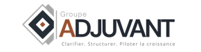 Logo du Groupe ADJUVANT avec icône géométrique grise et orange et slogan français