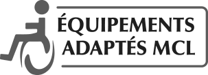 Logo indiquant « ÉQUIPEMENTS ADAPTÉS MCL » avec une icône de fauteuil roulant en gris et noir.