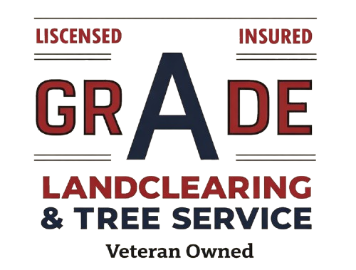Logo for Grade Landclearing & Tree Service, with Licensed, Insured, and Veteran Owned text on white background