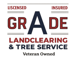 Logo for Grade Landclearing & Tree Service, with Licensed, Insured, and Veteran Owned text on white background