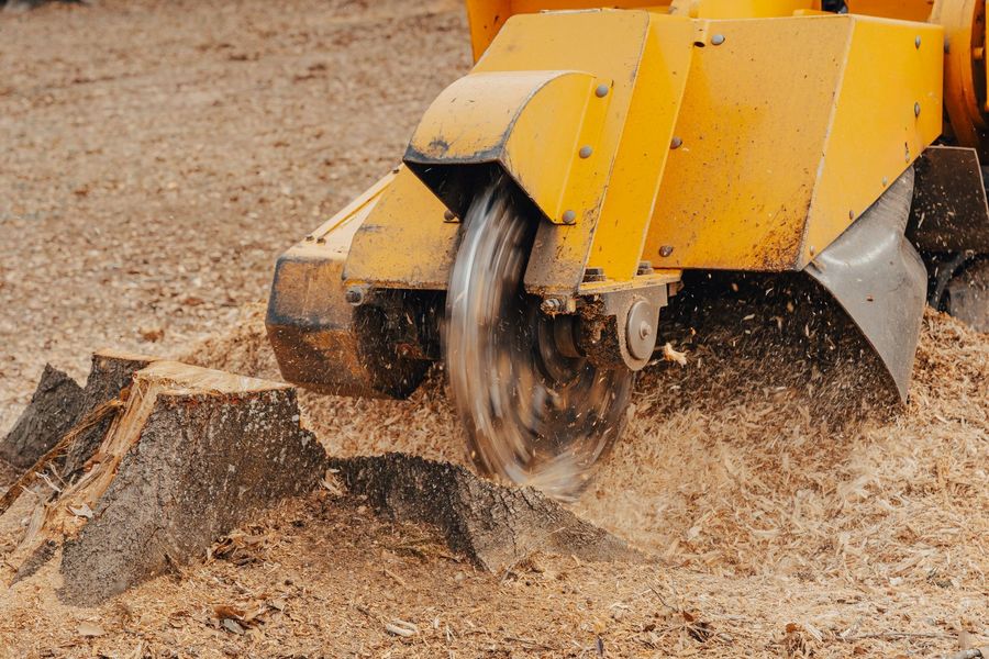 Yellow wood chipper grinding a log, spraying wood chips onto a dirt ground.