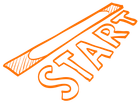 An orange drawing of the word start on a white background