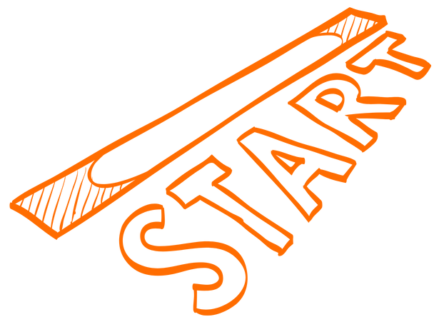 An orange drawing of the word start on a white background