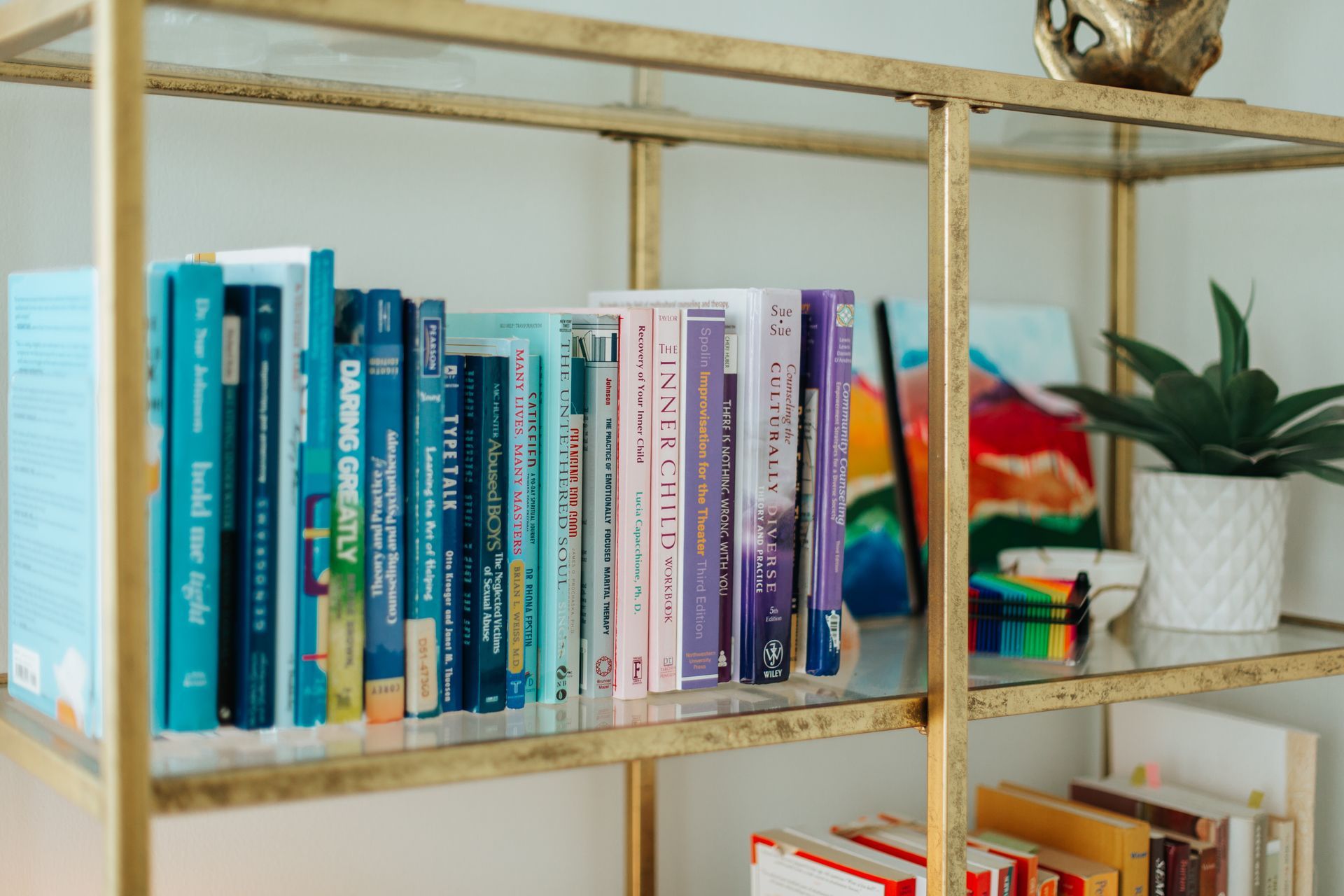 A bookshelf filled with books and a potted plant.