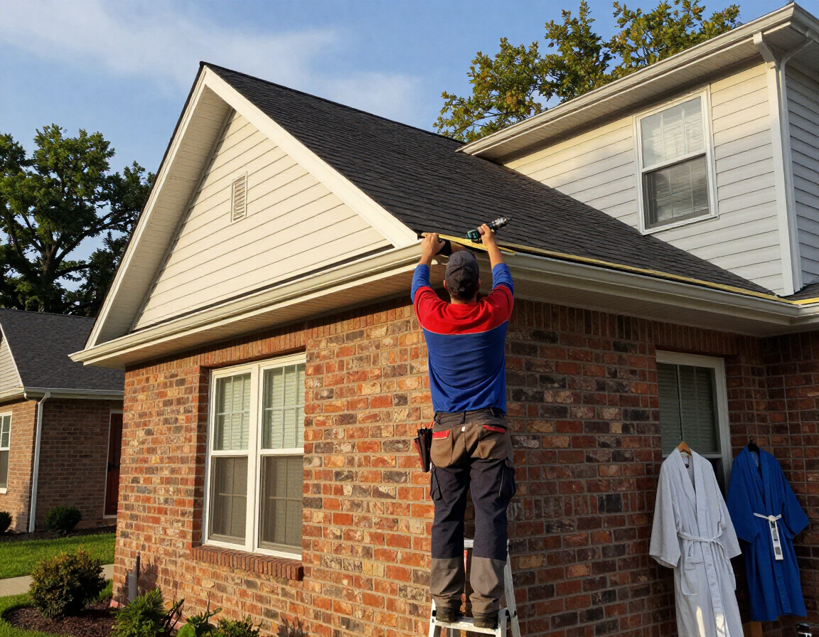 Worker installing gutters on a brick house roof, holding the eave under a sunny sky