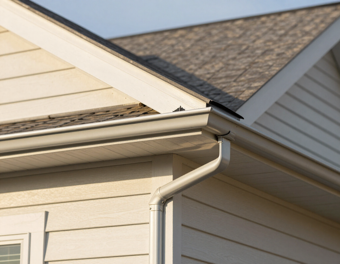 Close-up of white house roof eaves with gutter and downspout against beige siding