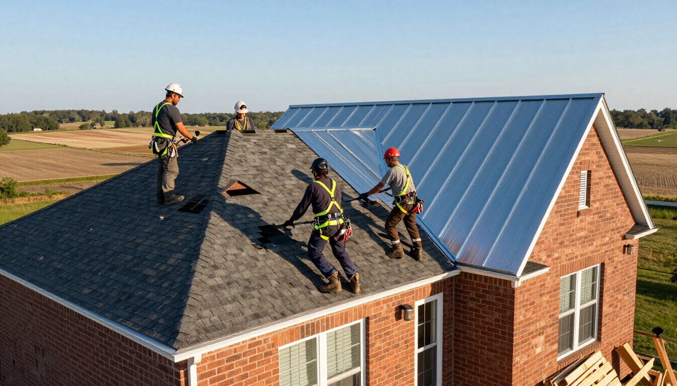 Roofers working on a brick house roof, with one section newly covered in blue metal panels.