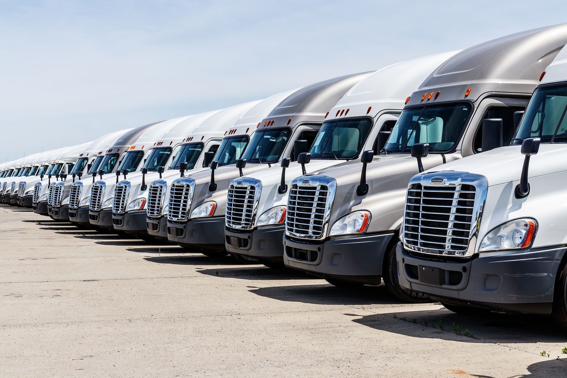 A row of semi trucks are parked in a parking lot.