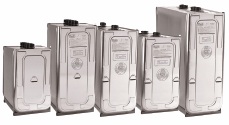 A row of stainless steel tanks of different sizes are lined up in a row on a white background.
