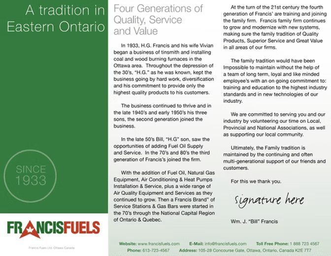Une brochure pour francisfuels montre une tradition de service de qualité et de valeur