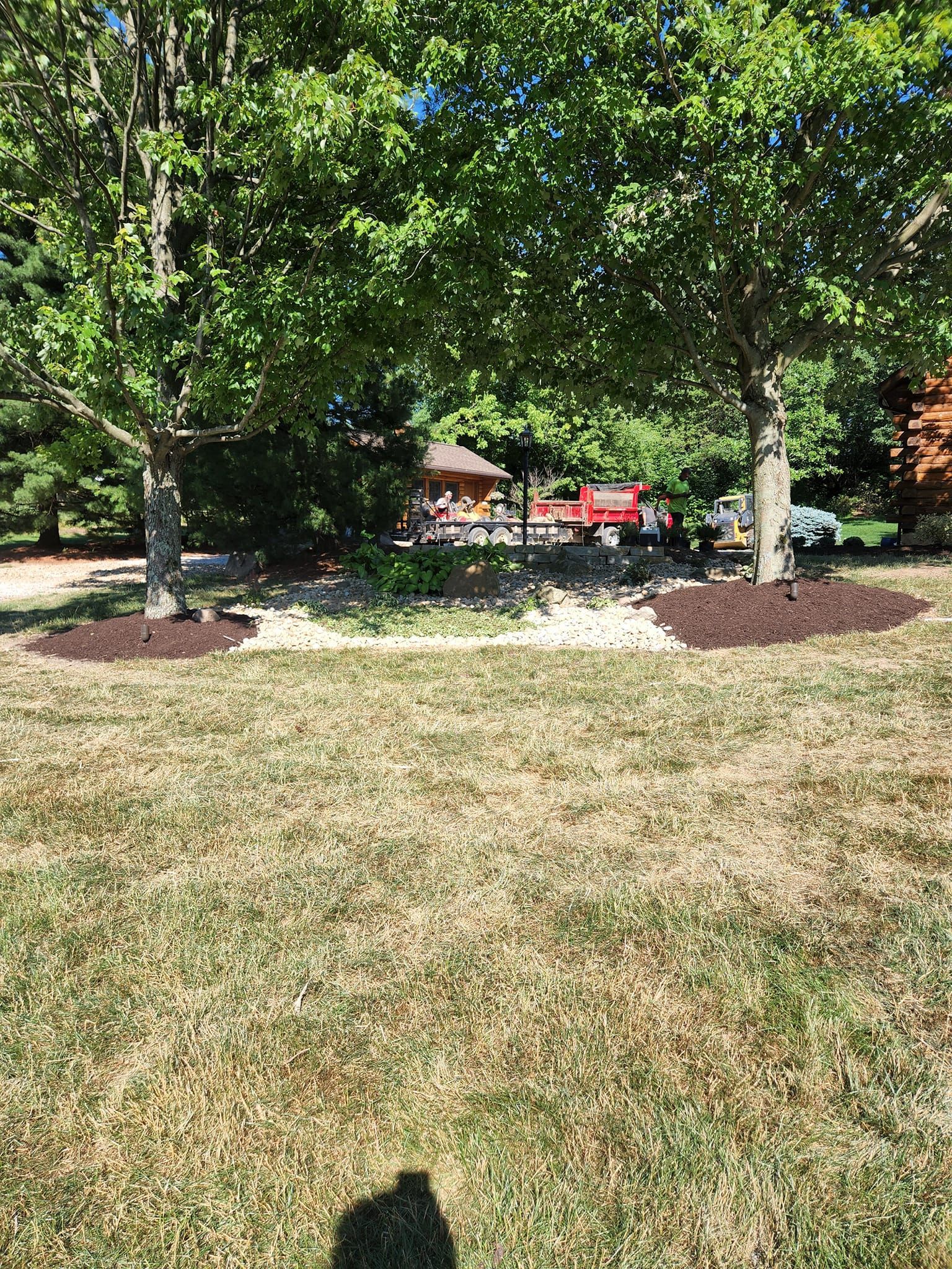 Trees shade a house with a red truck, lawn in foreground, mulch circles trees.
