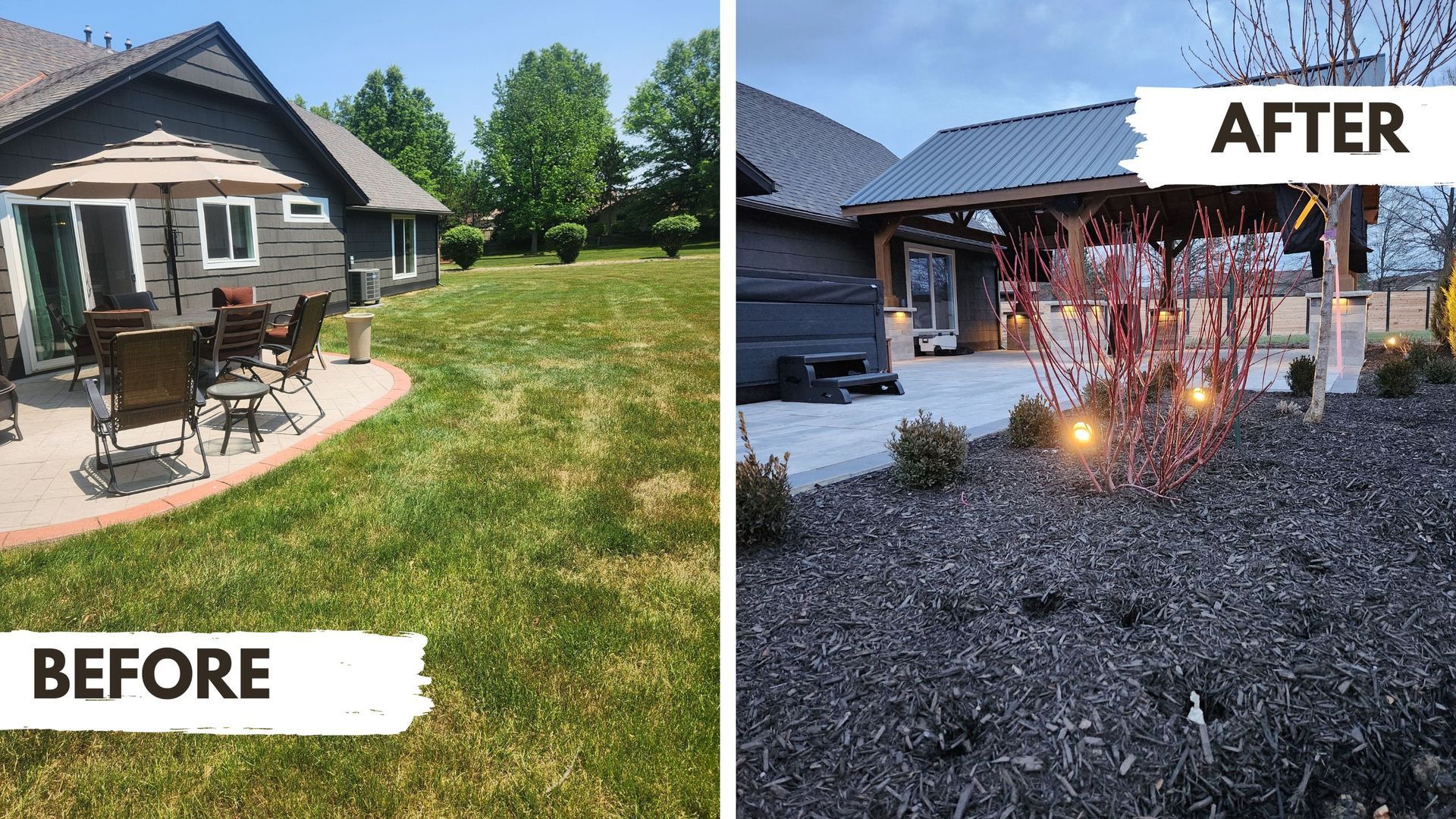 Before-and-after of a backyard patio. Left: patio with table and chairs. Right: renovated patio