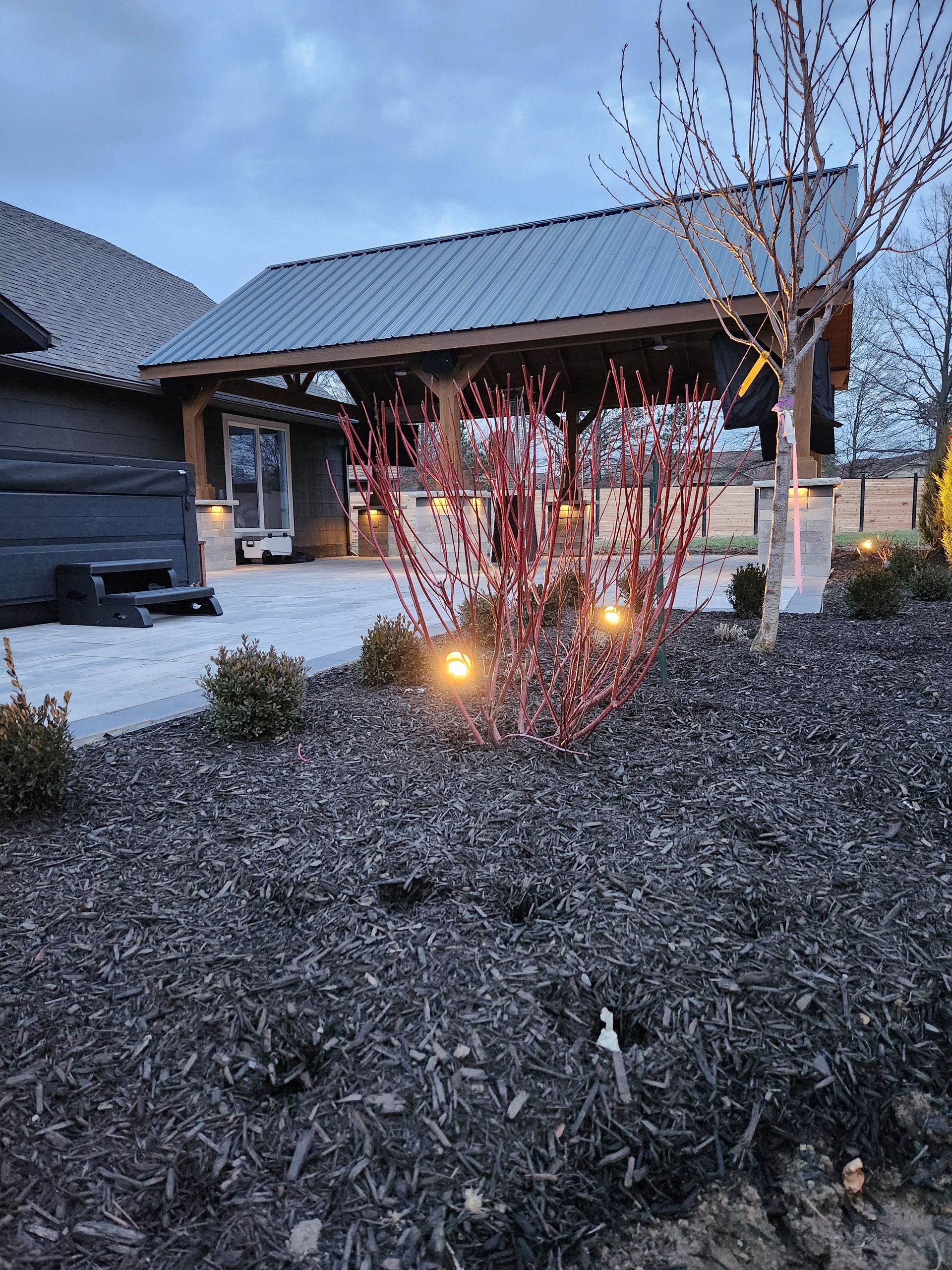 Outdoor scene with a dark, covered patio and landscaped area with a red bush lit with warm lights.