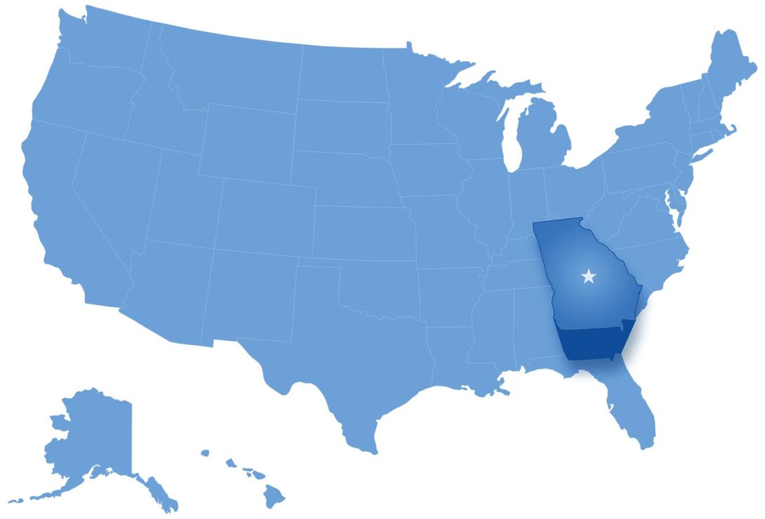 A blue map of the united states with georgia highlighted