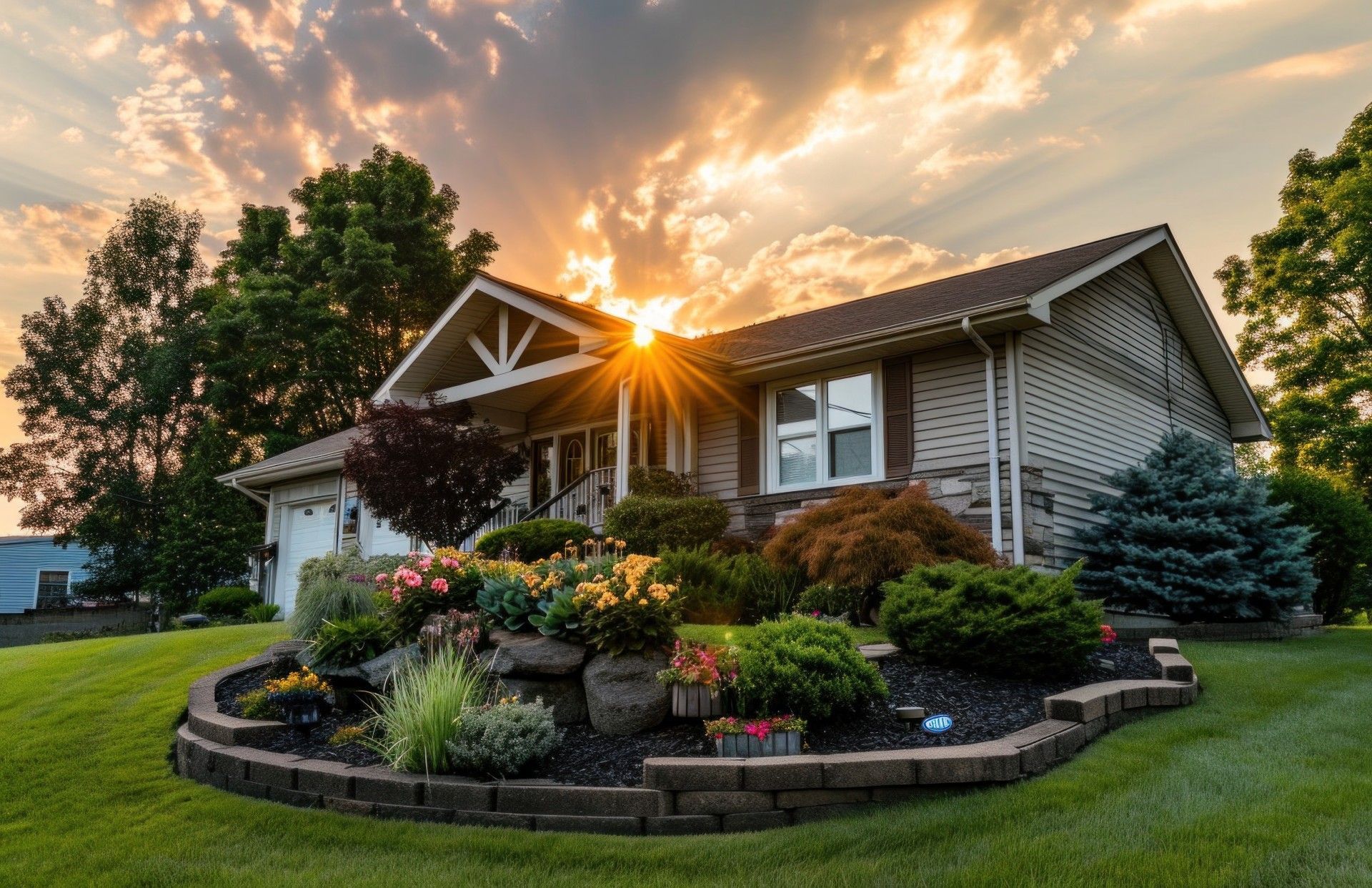 Sunset over a suburban house with a landscaped front garden and glowing sunburst through the roofline