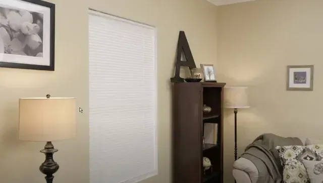 A living room with a couch , lamp , bookshelf and window. Love is Blinds Arizona (844) 936-2446