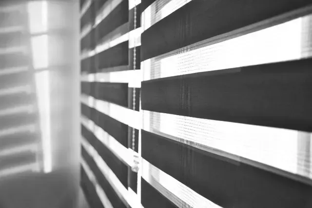 A black and white photo of a window with blinds on it.