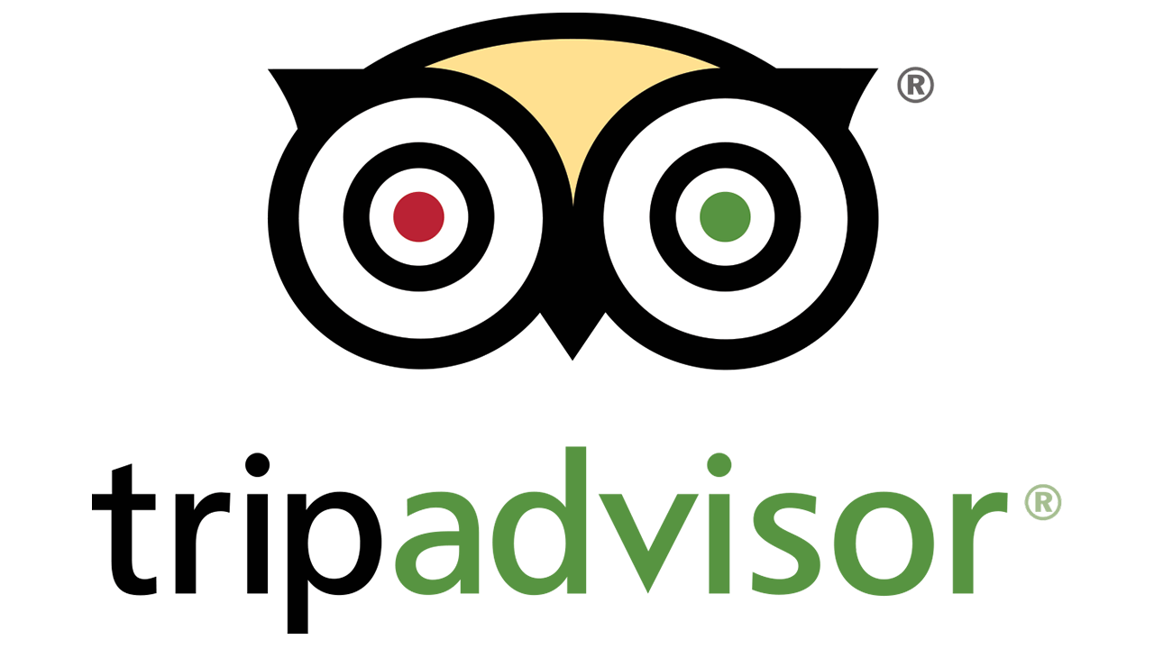 Tripadvisor logo with black owl eyes, red and green pupils, and the word “tripadvisor” below