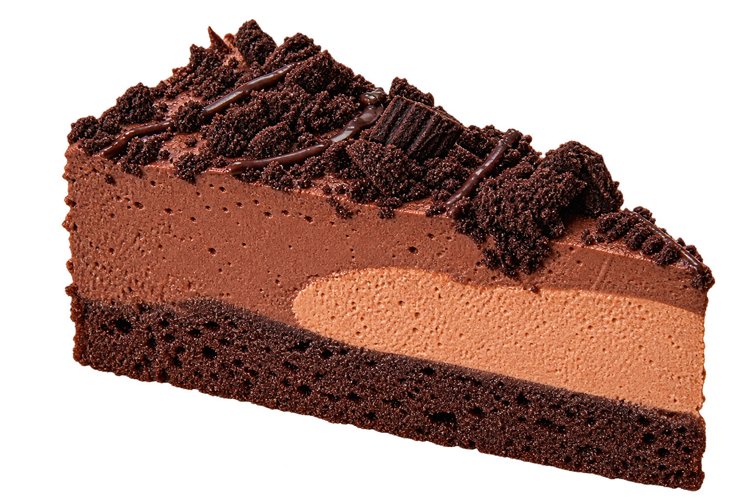 Slice of chocolate cake with chocolate frosting and a cocoa filling layer, topped with chocolate shavings