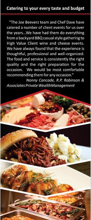 Black food poster with text and photos of assorted grilled meats, rice, and pasta trays