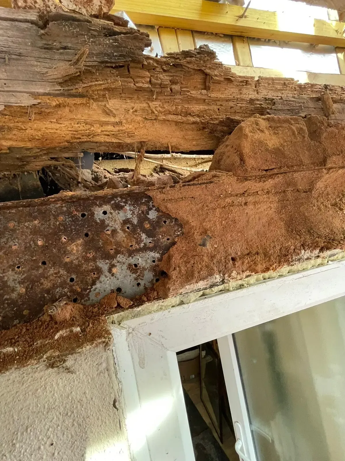 Severely rotted wooden beam above a window frame, with crumbling brown decay and exposed siding.