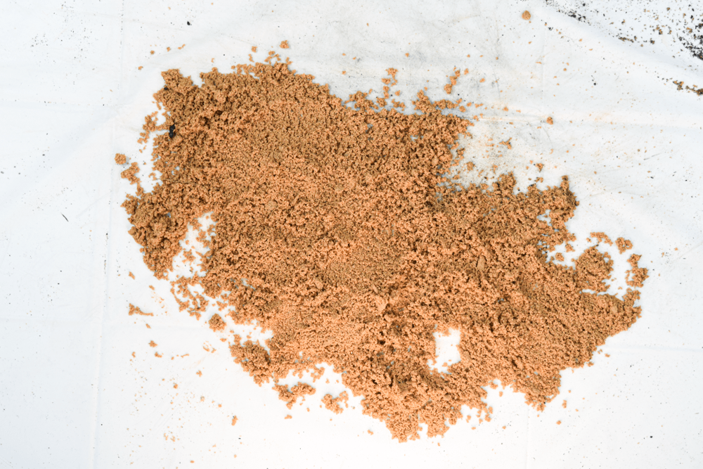 Pile of light brown wood shavings on a white surface