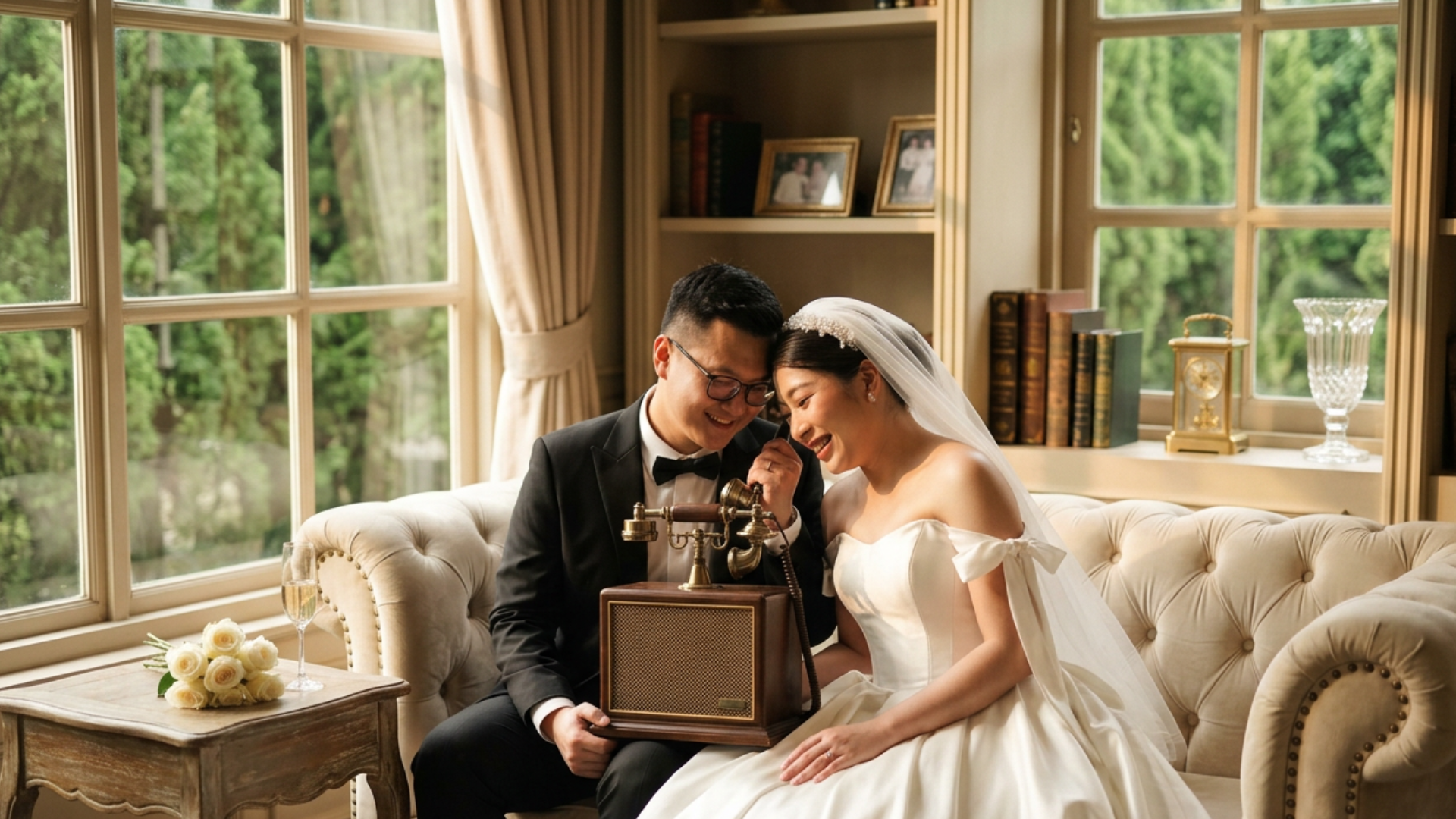 couple listening to audio guest book voice messages