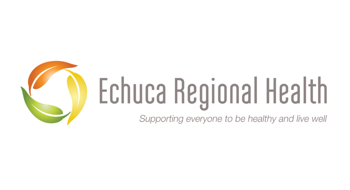 Logo for Echuca Regional Health with three orange, yellow, and green leaves arranged in a circle.