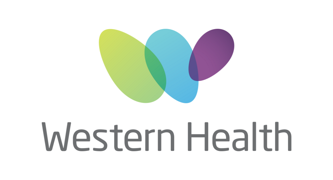 Western Health logo consisting of three overlapping, translucent oval shapes in lime, blue, and purple above dark text.