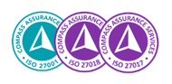 Three overlapping circular badges from Compass Assurance Services, labeled ISO 27001 (teal), ISO 27018 (purple), and ISO 27017.