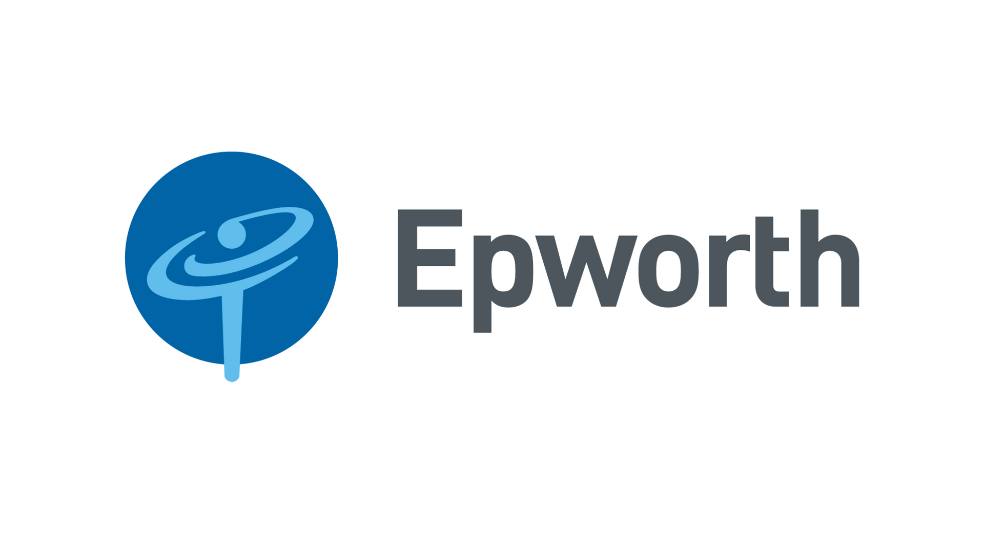The Epworth logo featuring a blue circle with a stylized human figure and orbital ring next to the dark grey text 
