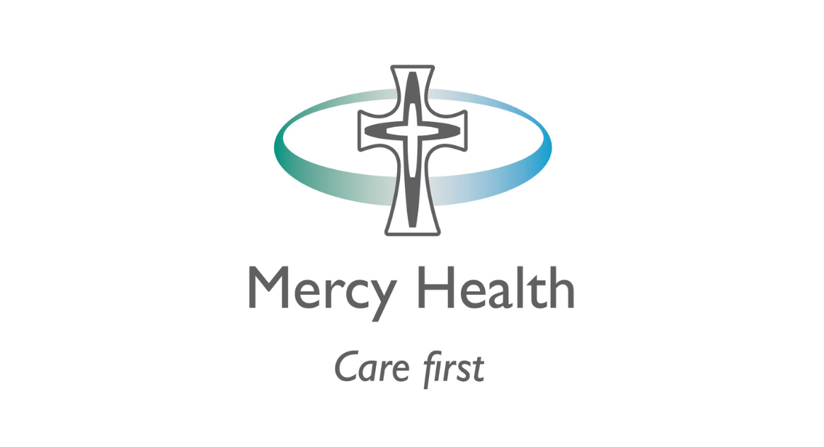Logo of Mercy Health: a stylized cross within a teal and blue gradient oval, with the text 