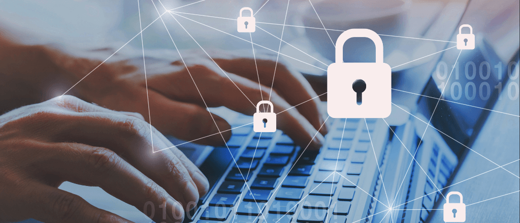 Hands typing on a laptop keyboard with digital overlay icons of padlocks and binary code representing cybersecurity.