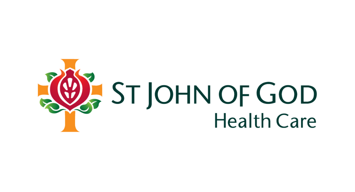 Logo for St John of God Health Care featuring a stylized cross and pomegranate emblem next to the text.