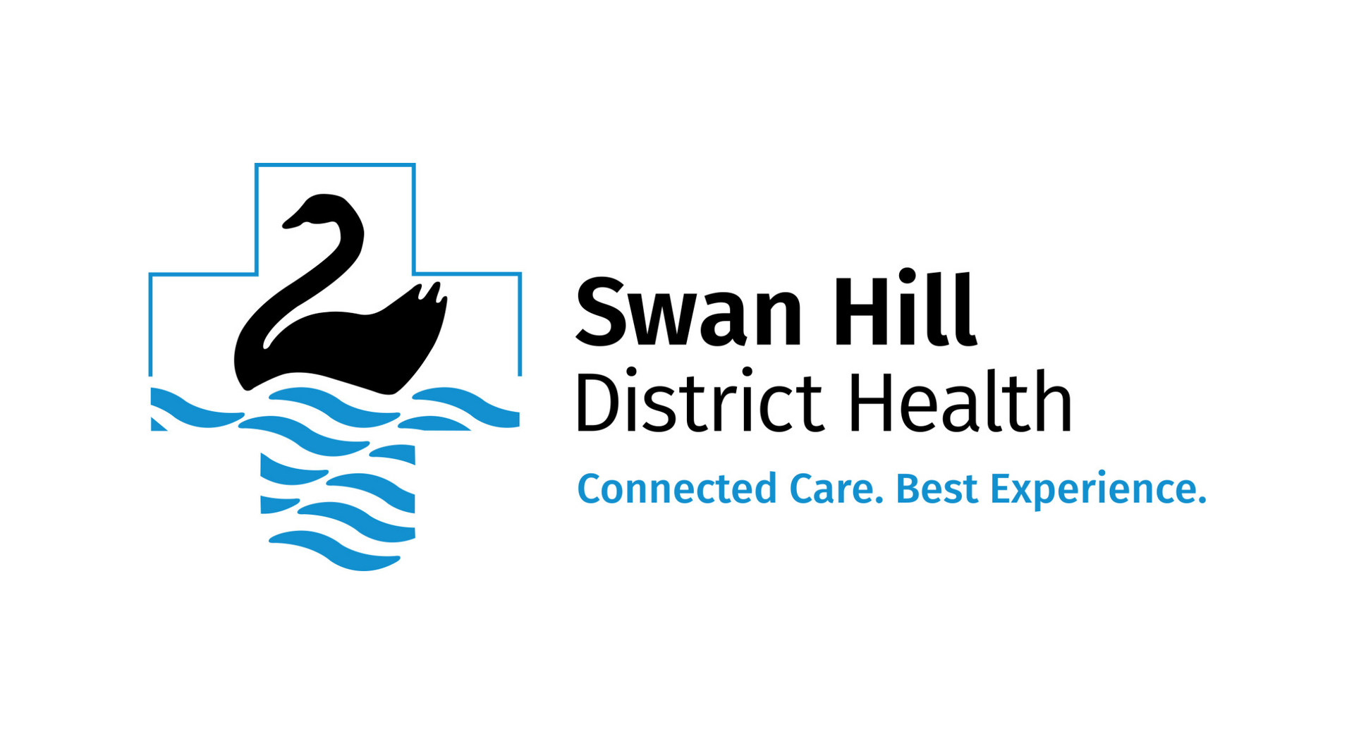 Logo for Swan Hill District Health featuring a black swan icon over blue water waves inside a cross shape.