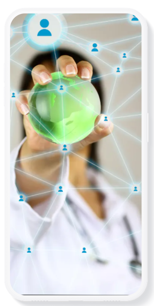 A person in a medical coat holds a glowing green sphere connected to a digital network of user icons.