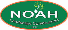Logo for Noah Landscape Construction LLC: green oval with white text, orange border, shovel icon.