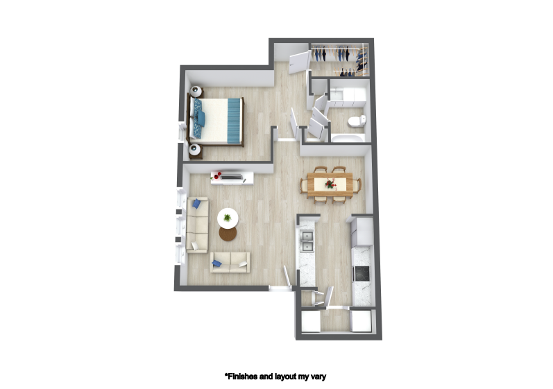 Top-down apartment floor plan with bedroom, bathroom, kitchen, dining area, and living room.