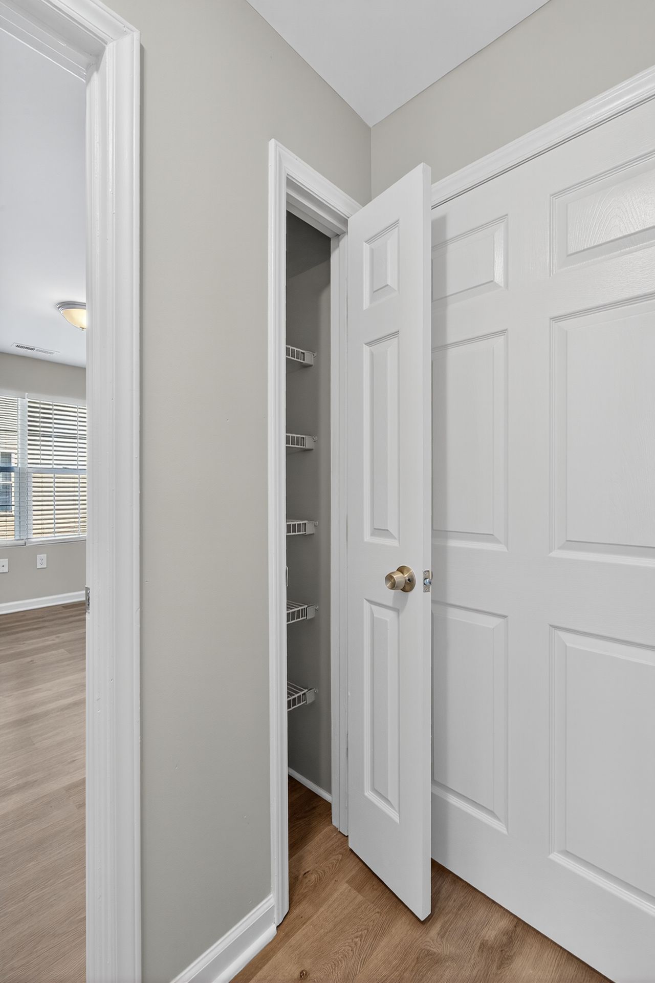 Open closet door in a white hallway, revealing shelves and hanging storage.