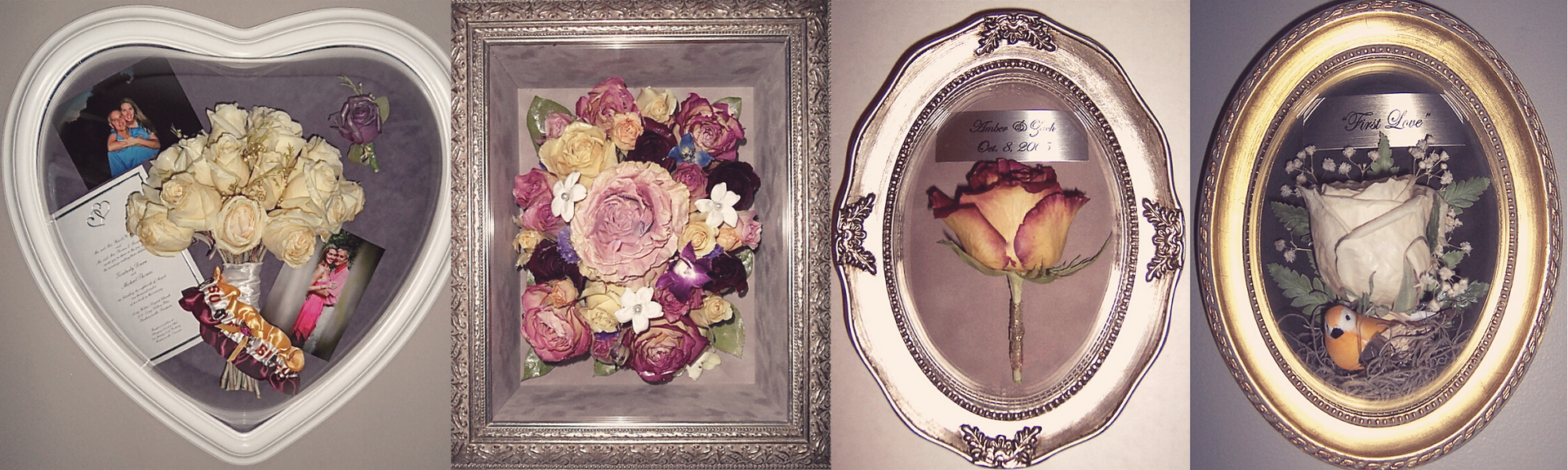 Four ornate framed floral arrangements in heart, rectangle, oval, and oval shapes on a white background